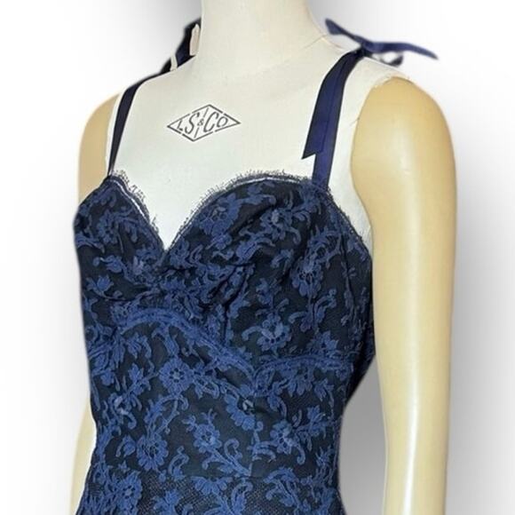 Vintage 1950s Dark Blue Lace Party Dress Ribbon Strap w Bolero Prom Gown 2pc - Picture 8 of 16